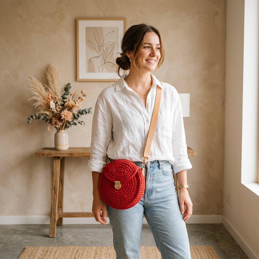 Model wearing red crochet bag